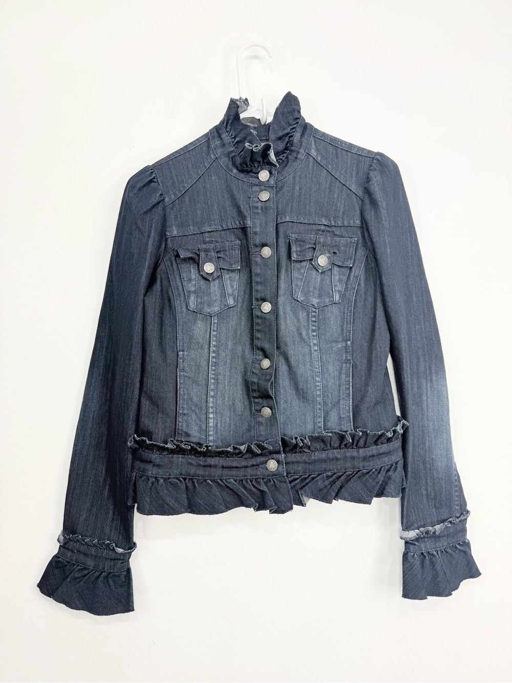 INC International Concepts Dark Blue Wash Ruffle Button Up Denim Jean Jacket